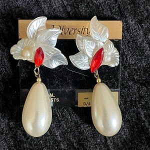 Pearl Drop Earrings with Red and White Floral Design